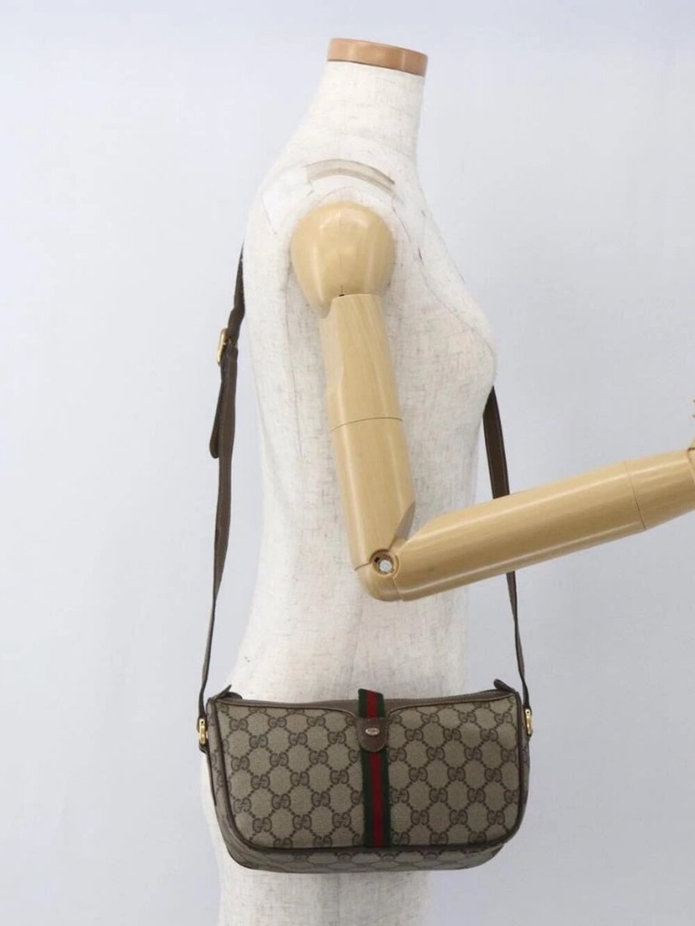 GUCCI GG Supreme Web Sherry Line Bag PVC Beige Gold 89 02 054 Auth 157528